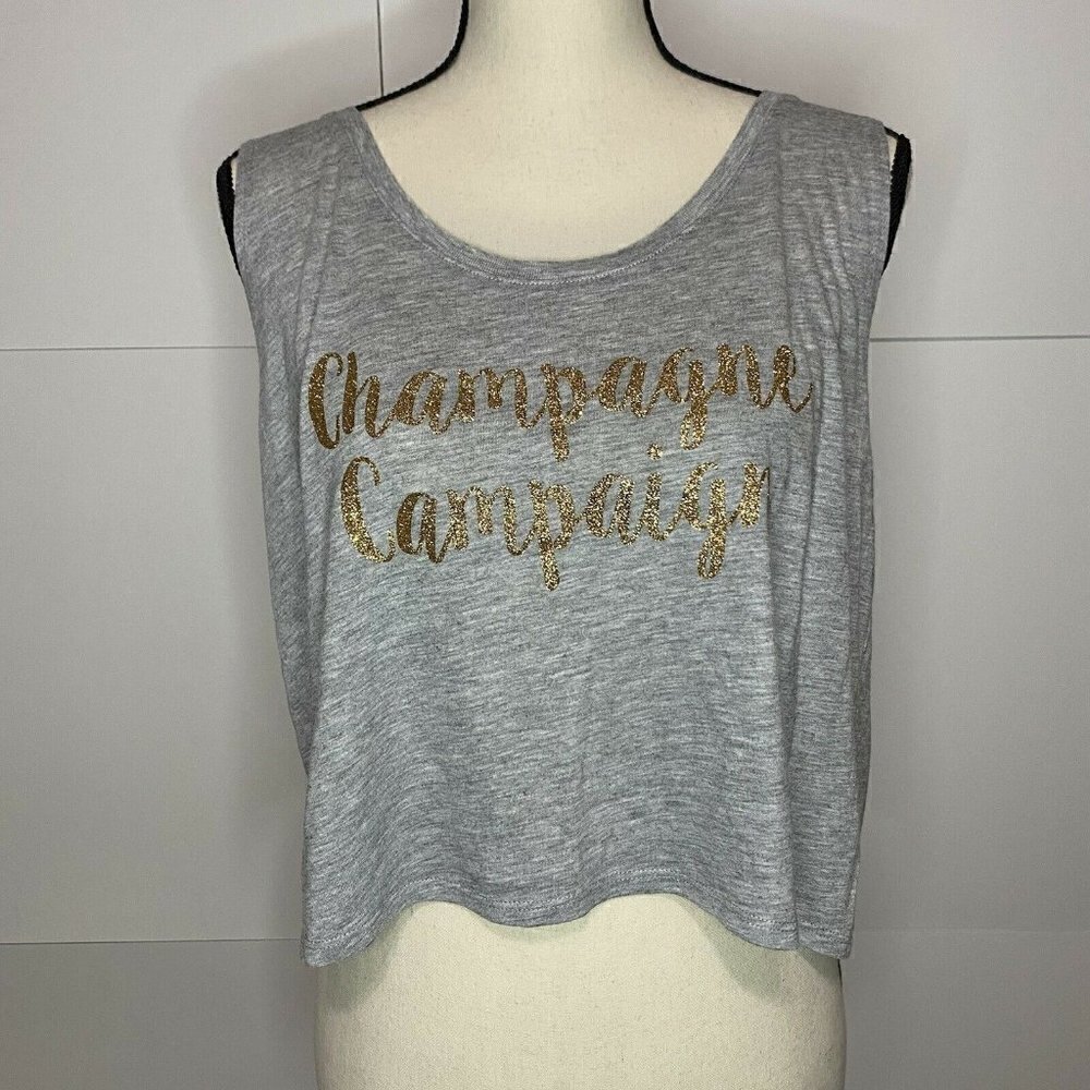 Bella Canvas “Champagne Campaign” Gray Crop Tank Top L/XL Glitter EUC
